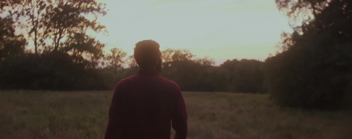 A man in a red shirt walks into a field