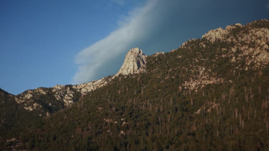 A majestic rocky peak rises above a dense evergreen forest against a clear blue sky