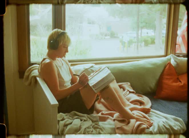 A young woman with headphones on finds a quiet, sunlit moment to write in her journal while relaxing on a cozy window seat