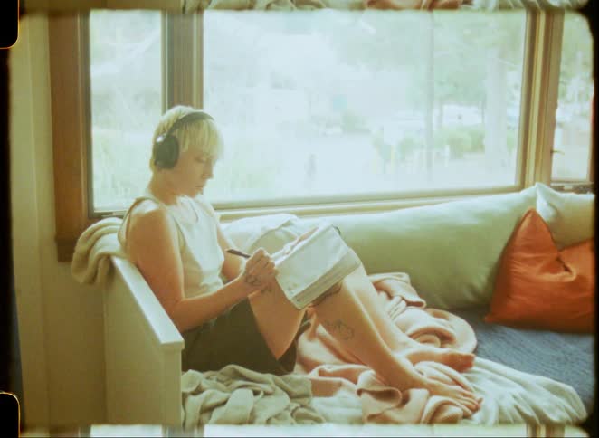 A tranquil scene of a young woman with headphones journaling in a sunlit window nook, captured with a vintage film aesthetic