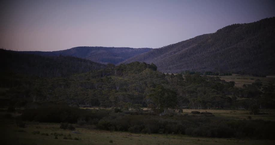 A static wide shot of a tranquil, forested mountain valley at dusk