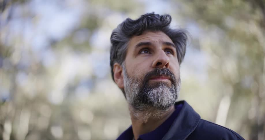 A contemplative middle-aged man with a salt-and-pepper beard looks up with a hopeful expression while standing in a peaceful forest