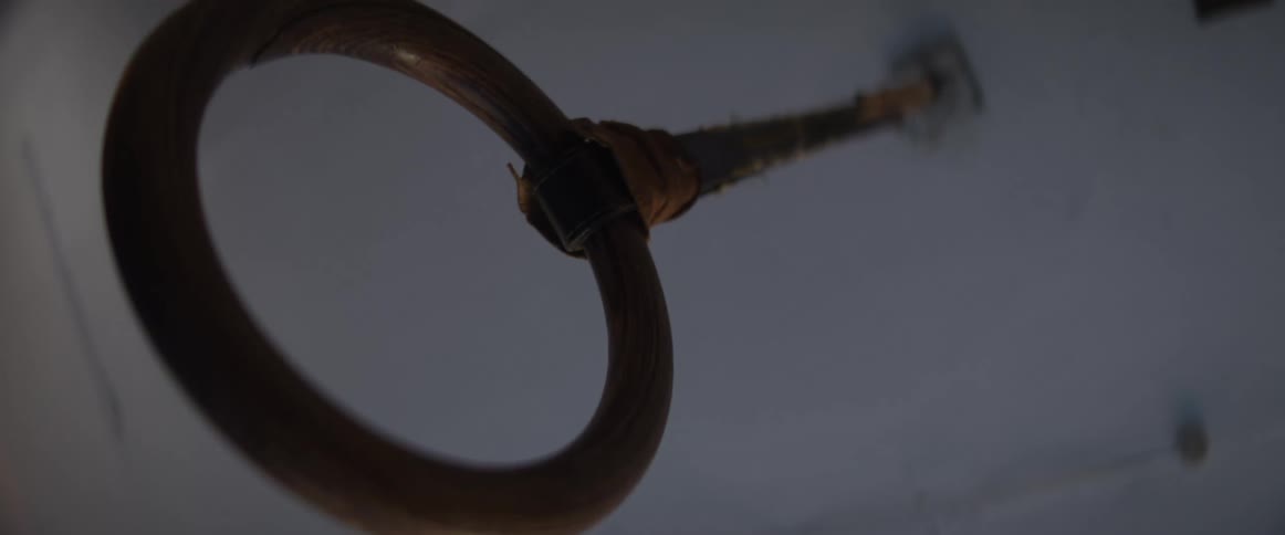 A close-up of a single wooden gymnastic ring hanging still in a dark, moody room