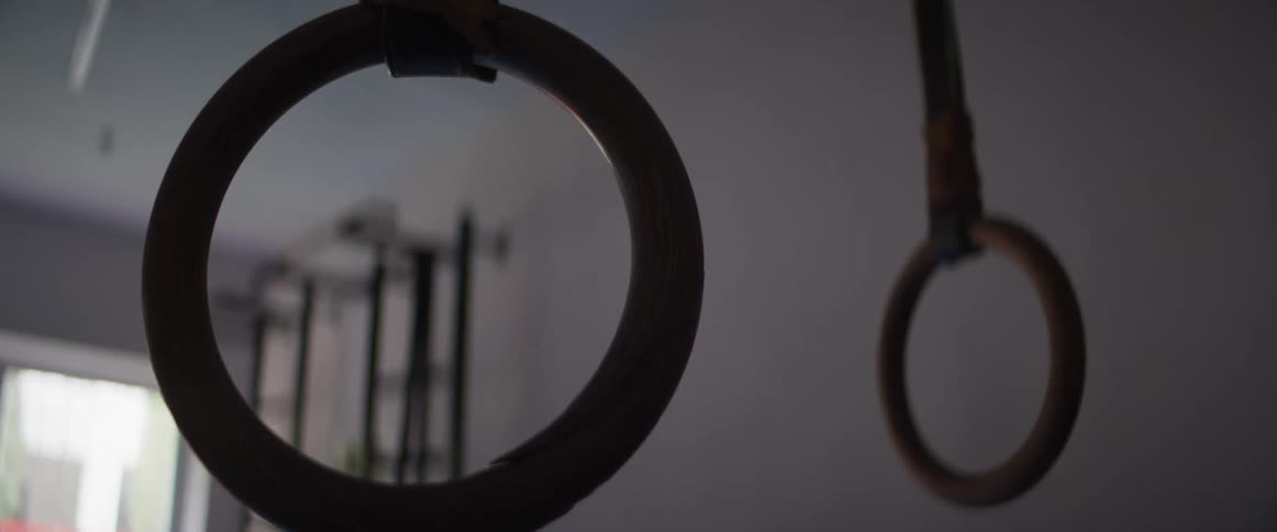 A moody, low-light, close-up shot of wooden gymnastic rings hanging in a home gym