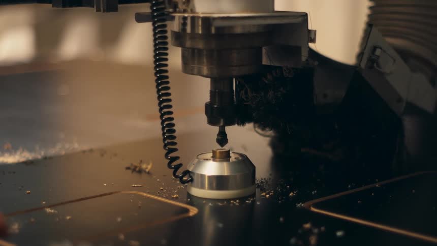 A detailed close-up shot of a CNC machine calibrating its tool head in a dusty industrial workshop