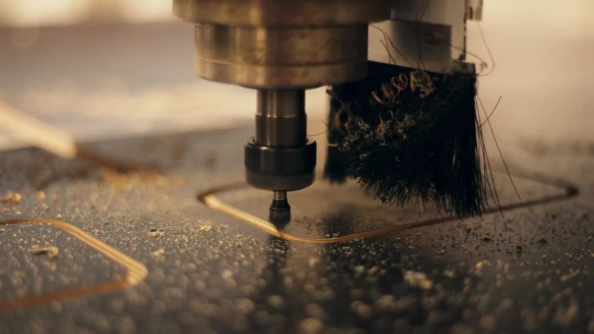 Close-up shot of a precision CNC router carving an intricate design into a wooden panel, with sawdust flying from the spinning bit