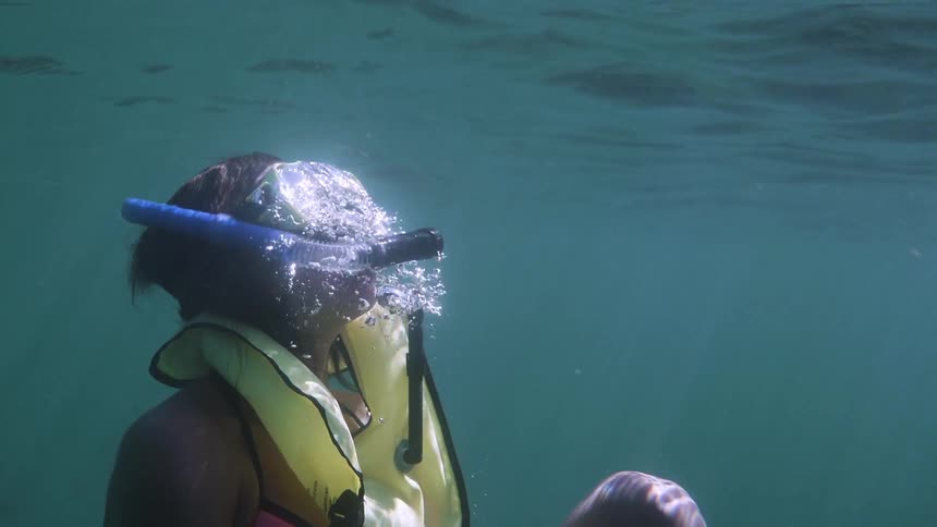 A snorkeler rises to the surface of the water