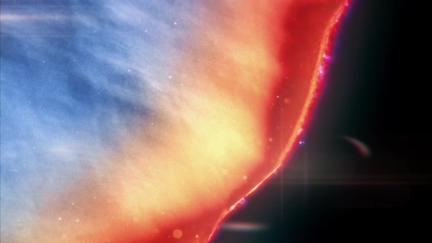 A cinematic animation shows a vibrant, fiery star slowly being enveloped by a cool blue nebula amidst the vastness of space