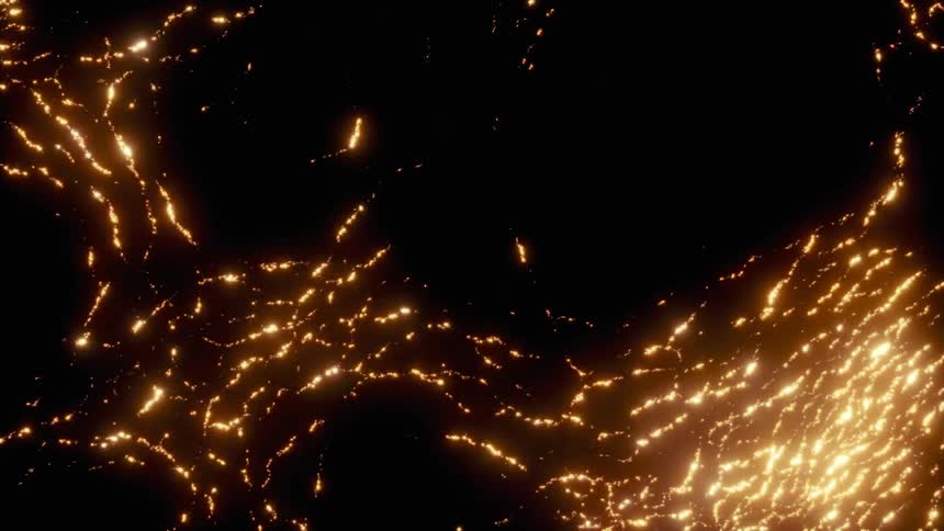 Golden light particles form an intricate, glowing network across a dark void