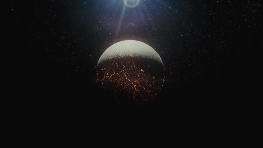 An animated view of a fictional alien planet, half-lit and showing a glowing core, set against a vast starfield