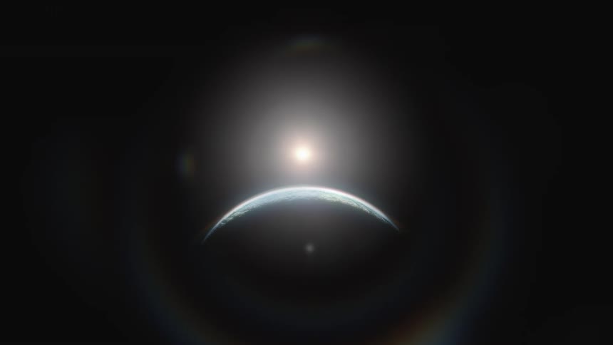 An artistic rendering of a planet in deep space with its sun creating a dramatic halo and lens flare