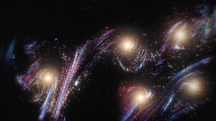 An awe-inspiring journey through a cluster of vibrant, colorful, and swirling galaxies in deep space