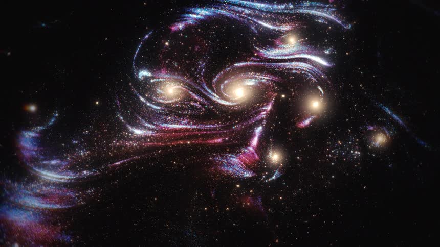 A cosmic animation of multiple spiral galaxies merging amidst colorful swirling nebulas and a sea of stars in deep space