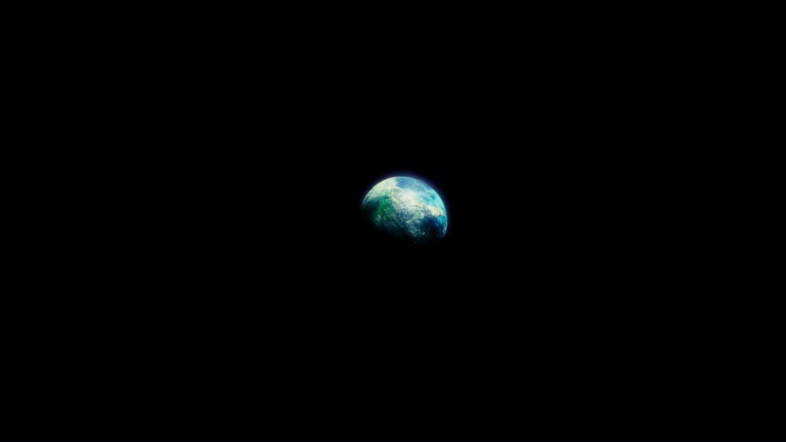 An epic, slow pull-back shot reveals the planet Earth becoming smaller against the vast, dark void of space