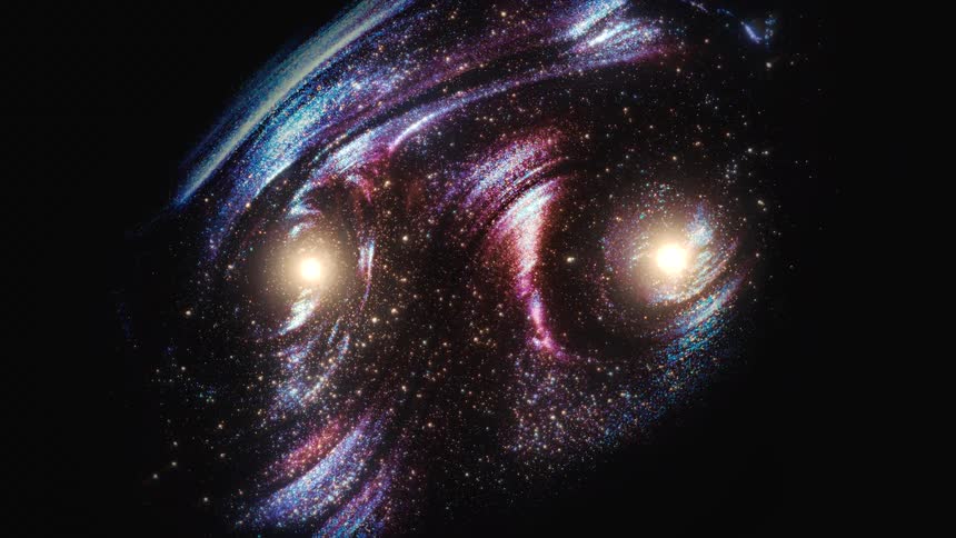 An awe-inspiring animation depicts two vibrant spiral galaxies merging in a spectacular cosmic collision
