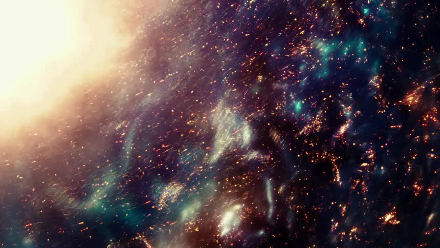Shimmering golden particles swirl through a cosmic nebula, illuminated by a brilliant light source