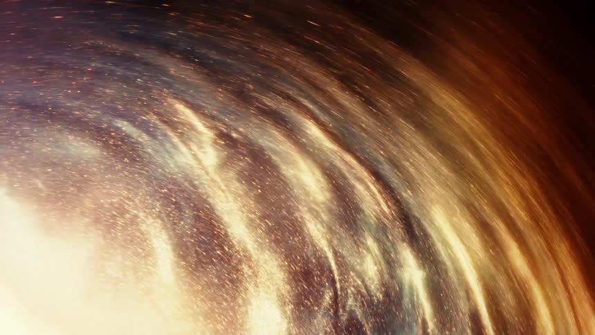 Shimmering golden particles flow like a nebula in a celestial vortex