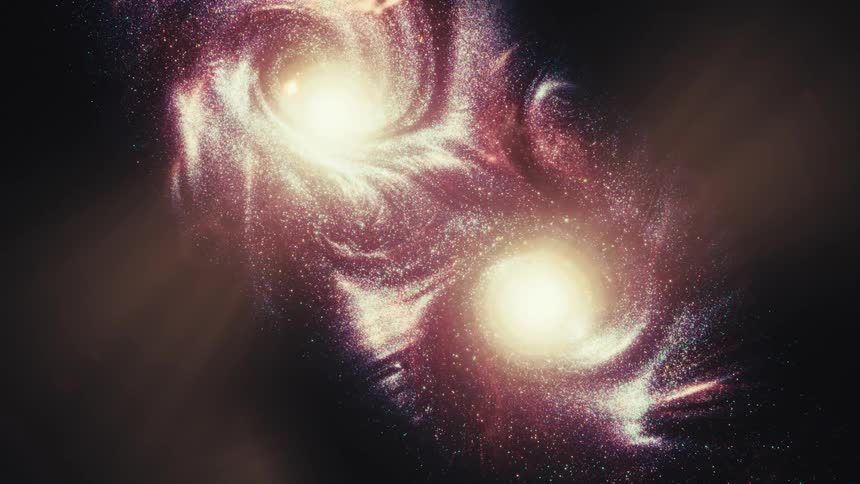 A cosmic dance of two swirling spiral galaxies colliding in the vastness of deep space