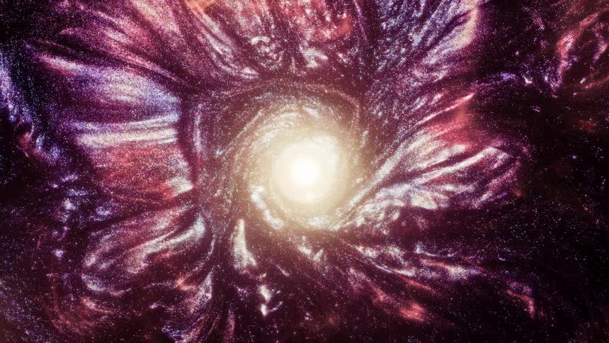 An endlessly looping animation shows a swirling purple and pink galaxy of sparkling particles spiraling into a bright central star