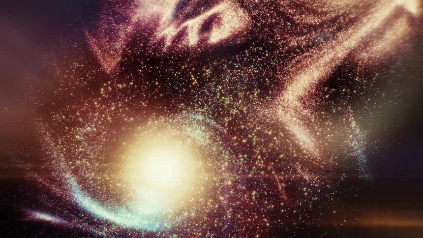 An animated cosmic scene of two swirling galaxies with bright centers made of countless colorful particles