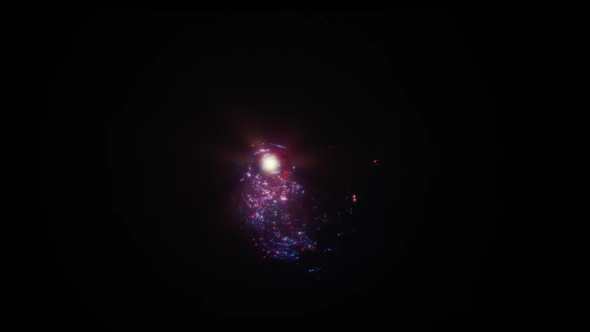 A vibrant and luminous galaxy composed of purple and blue cosmic dust slowly rotates in the vast darkness of deep space