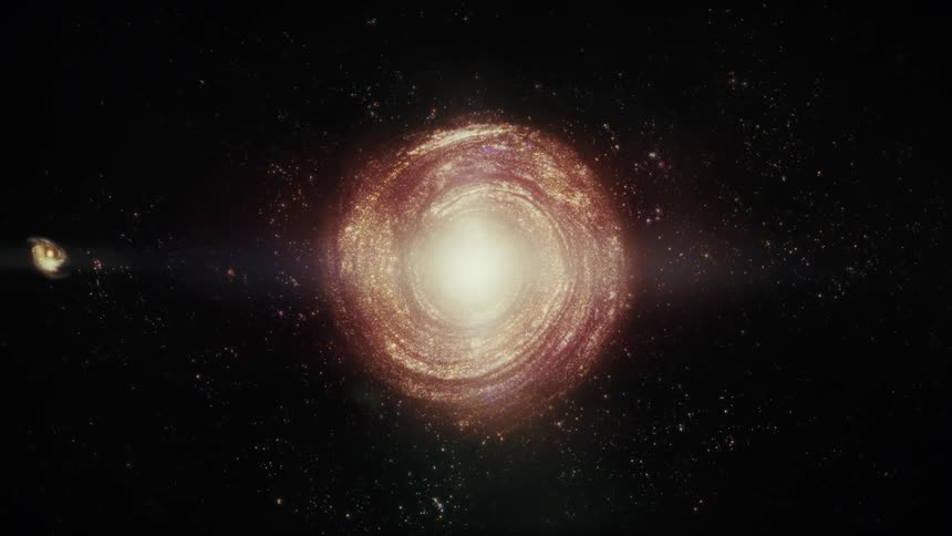 A slow zoom out reveals a magnificent spiral galaxy with a bright core, surrounded by other distant galaxies in the vastness of deep space