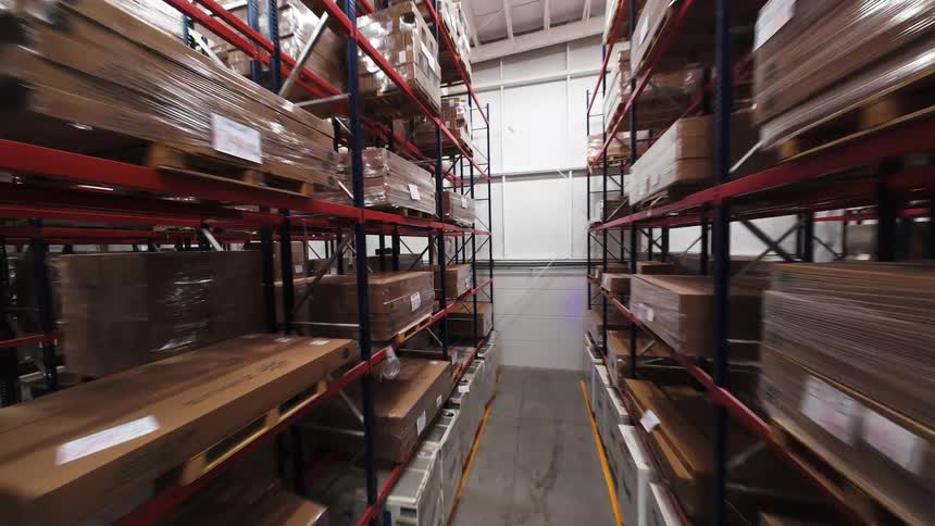 A smooth tracking shot glides through the towering aisles of a massive warehouse, revealing endless shelves of inventory and a forklift at work