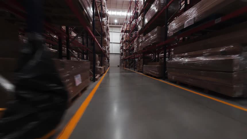 An immersive FPV drone flight navigates through the tall shelves and long aisles of a vast, fully stocked industrial warehouse