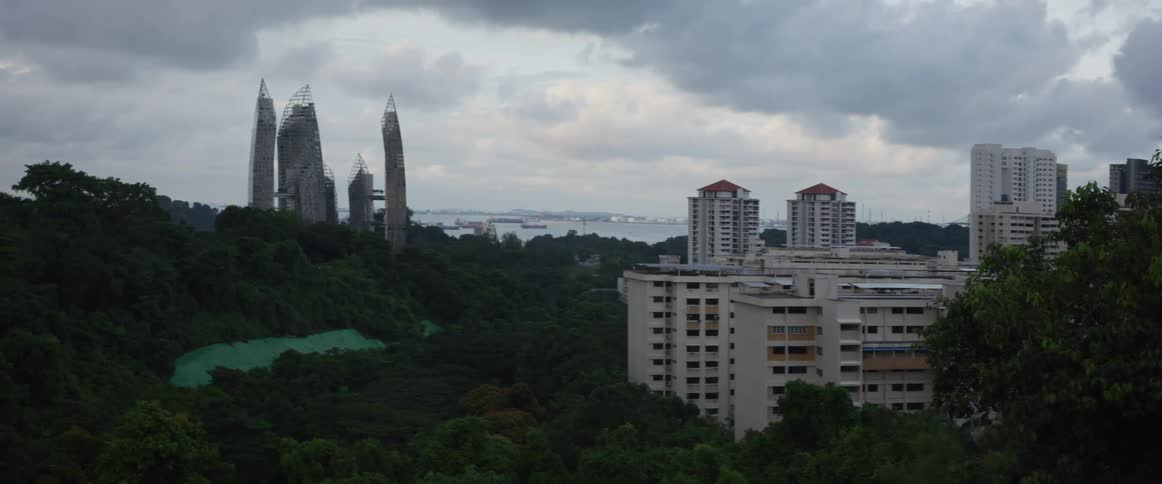A scenic view of Singapore's urban jungle, where futuristic architecture meets dense forests and a bustling seaport under cloudy skies
