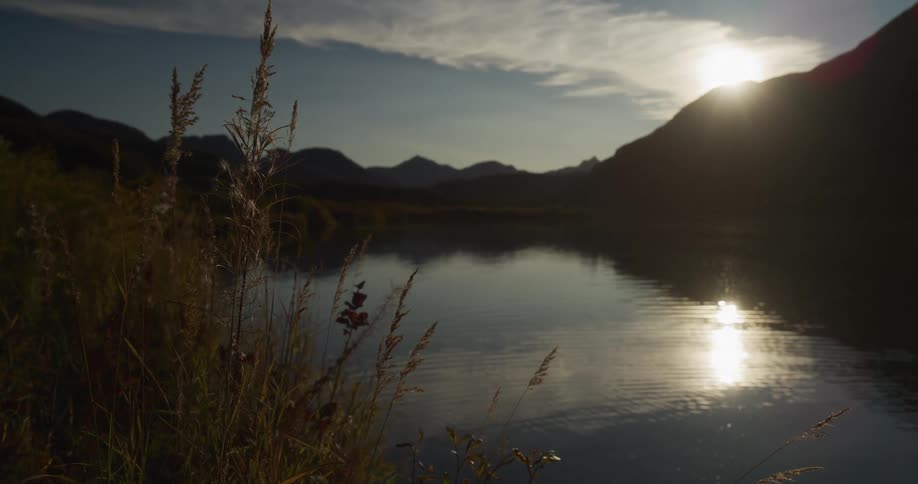 Golden hour sun shines over a calm mountain lake with tall grasses along the shore creating a peaceful scene
