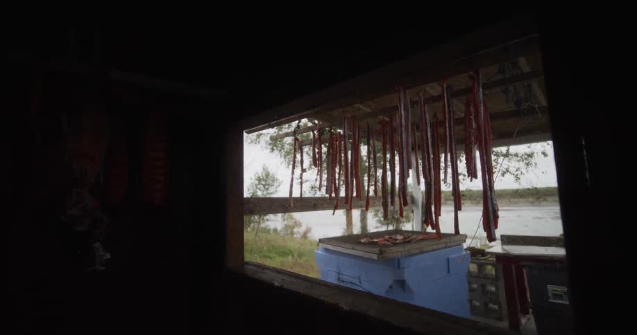 Inside a dark smokehouse, the camera slowly moves towards an open window revealing fresh salmon fillets hanging to dry by a river
