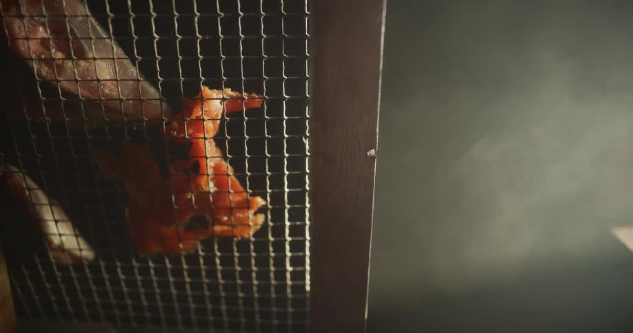 Dramatic close-up of seafood grilling on a wire mesh as smoke gently rises in a dark, moody setting