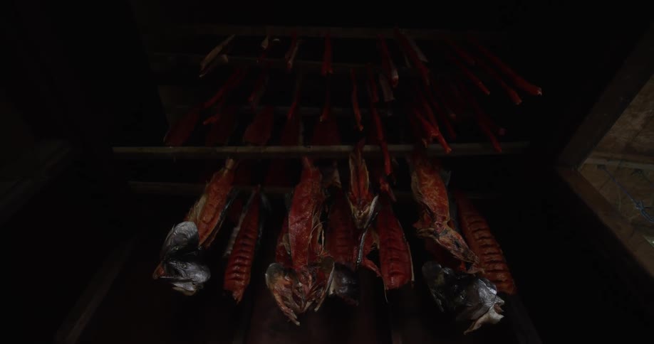 Salmon fillets and heads hang from racks inside a dark, traditional smokehouse to cure