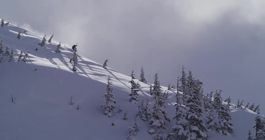 An expert skier carves fresh tracks through deep powder snow down a sunlit mountain face in slow motion