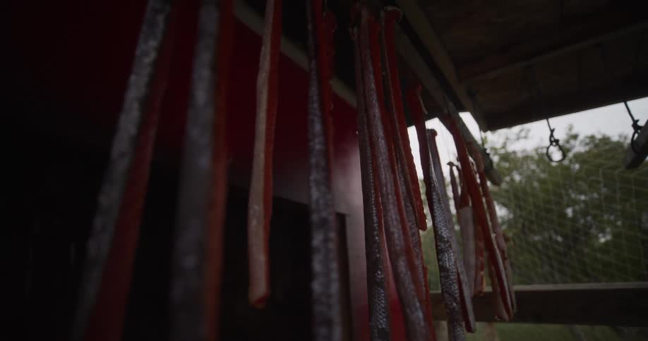 Freshly caught salmon fillets hang on a rack to dry and cure in a rustic outdoor setting