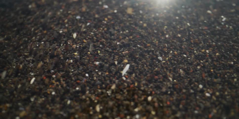 An abstract macro shot of dark sand and colorful particles swirling and settling in water under a bright light