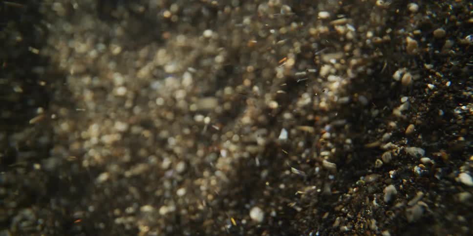 An abstract macro view of sand and sediment particles swirling chaotically in sunlit water