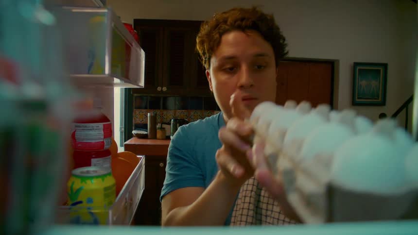 Point of view shot from inside a refrigerator as a man opens the door and takes out a carton of eggs