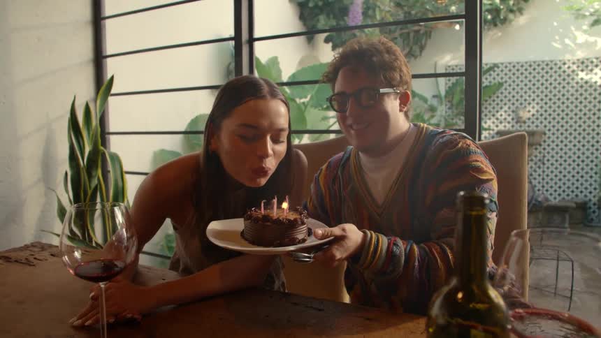 A loving young couple celebrates a birthday together with a chocolate cake and red wine, lighting the candles, singing, and playfully smearing frosting on each other's noses