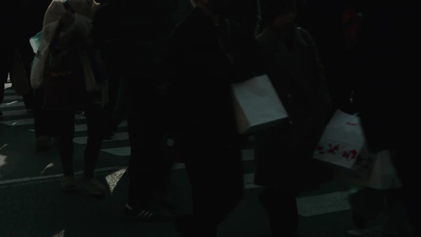 A low-angle, slow-motion view captures the legs and long shadows of a diverse crowd of pedestrians crossing a sunlit street in Tokyo