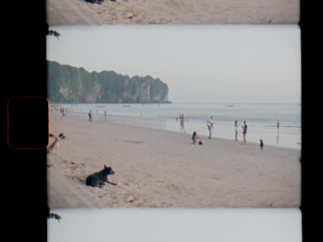 Super 8mm film captures a relaxed day on a Thai beach with people and dogs enjoying the serene seaside