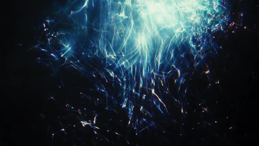 Glowing blue and white light particles and ethereal filaments drift against a dark, cosmic background