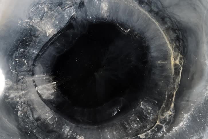 A mesmerizing macro shot of swirling grey and gold liquids being drawn into a dark center, transforming into a dilating cosmic eye