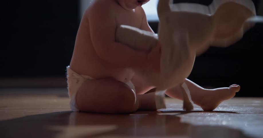 A sweet toddler sits on the floor in a sun-drenched room, engrossed in playing with his favorite stuffed elephant