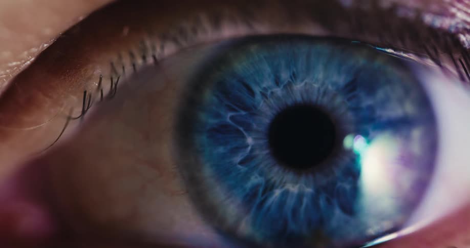 A dramatic macro close-up of a vibrant blue eye as the pupil dilates and constricts in response to light