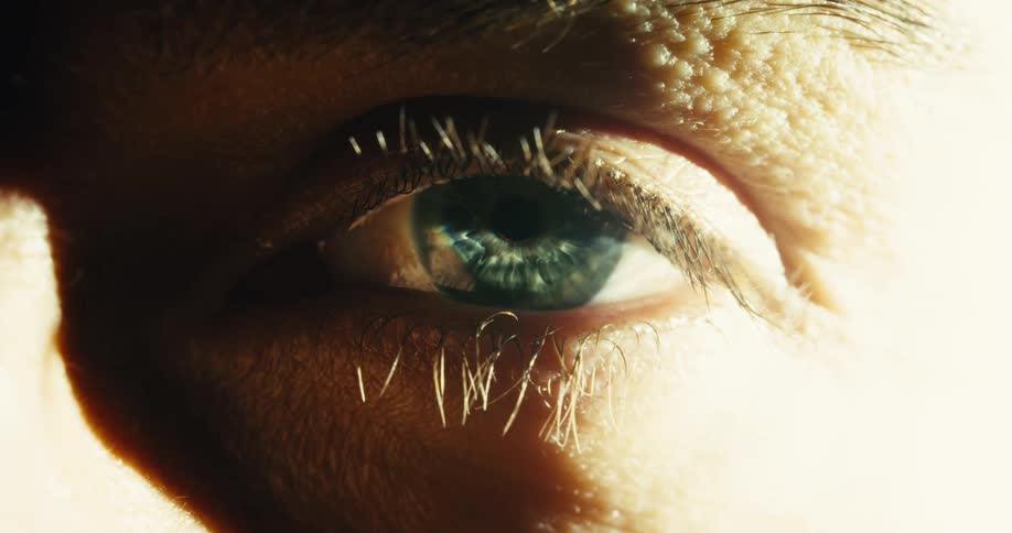 In an extreme close-up, a human eye with a dilating pupil slowly shuts in dramatic, warm lighting