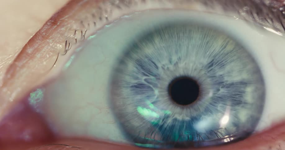 A mesmerizing macro shot reveals the intricate details of a blue human eye as the pupil reacts to light, with green digital reflections dancing across the iris