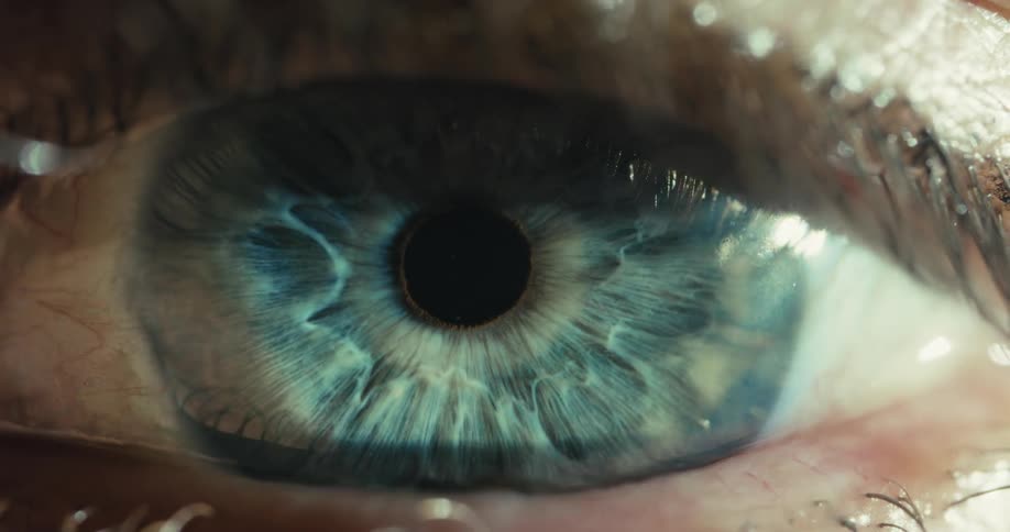 A dramatic macro shot of a blue human eye as the pupil constricts in response to light, revealing the stunningly detailed iris