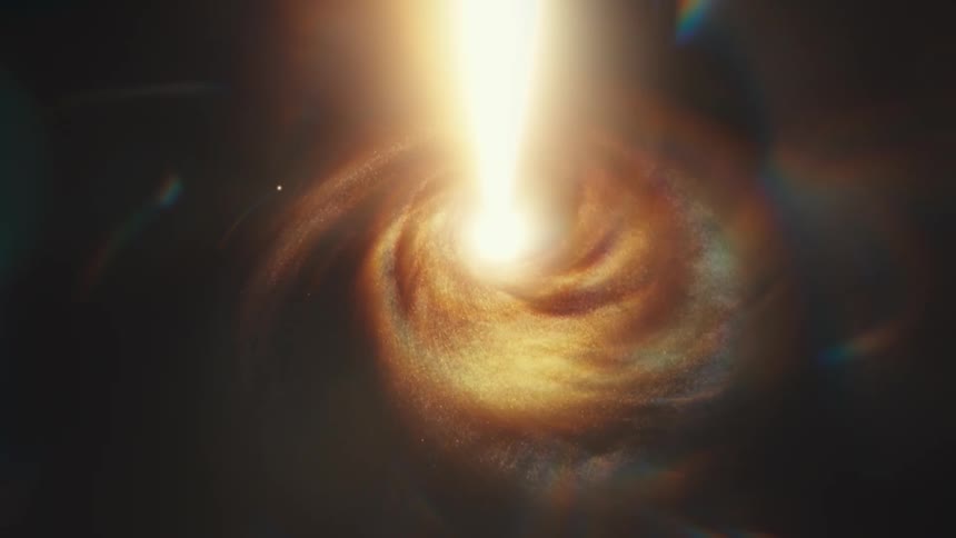 A slow zoom reveals a powerful quasar with a brilliant jet of light at the center of a spinning golden galaxy before transitioning into a bright wormhole