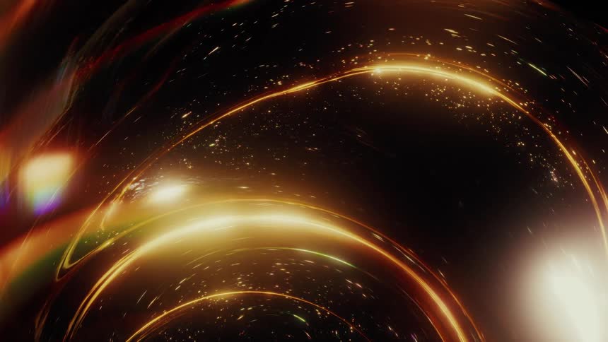 An abstract visualization of traveling through a glowing golden wormhole filled with celestial star particles